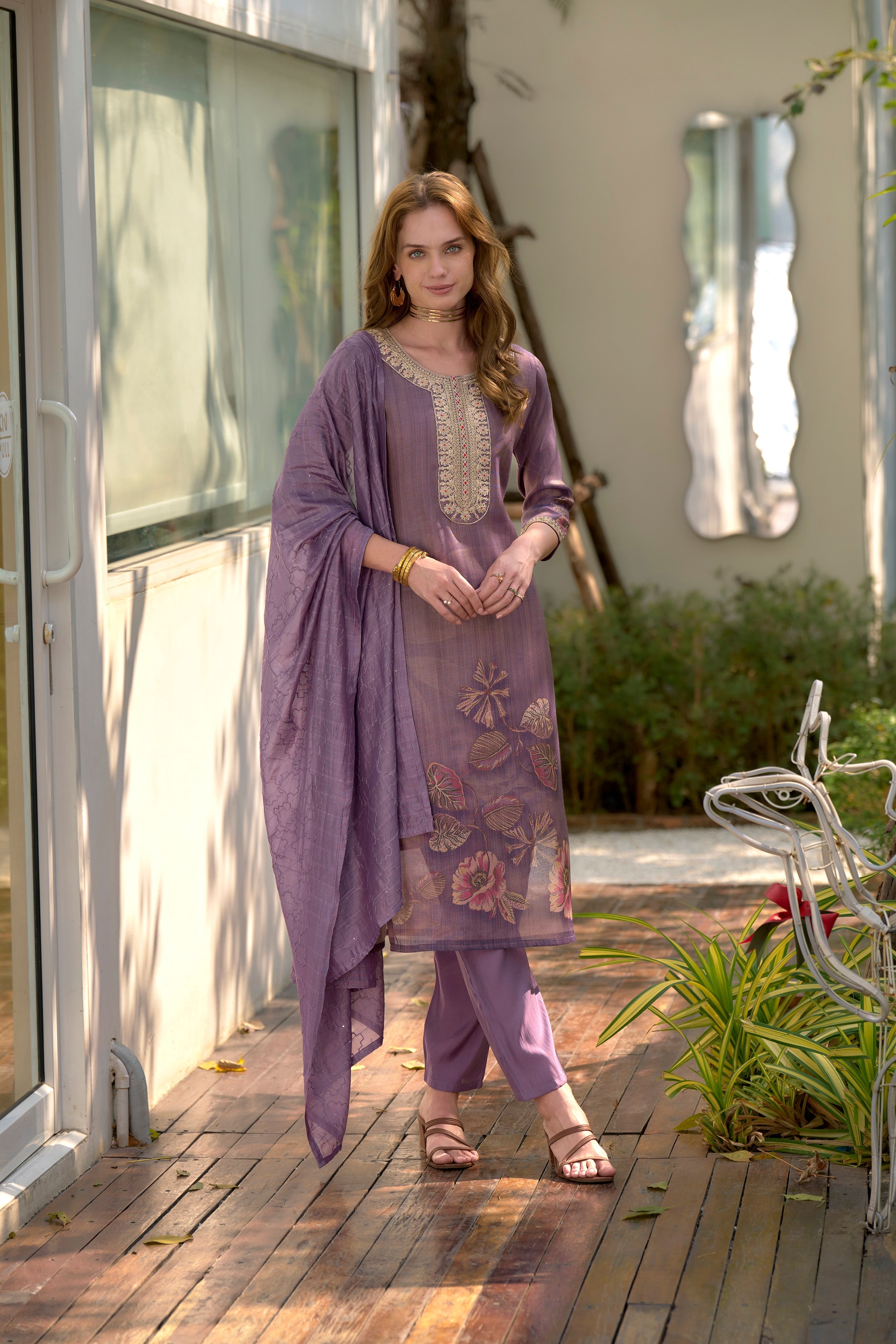 Purple Floral Tissue Kurti Set with 3/4 Sleeves and Viscose Pocket Pant with Dupatta